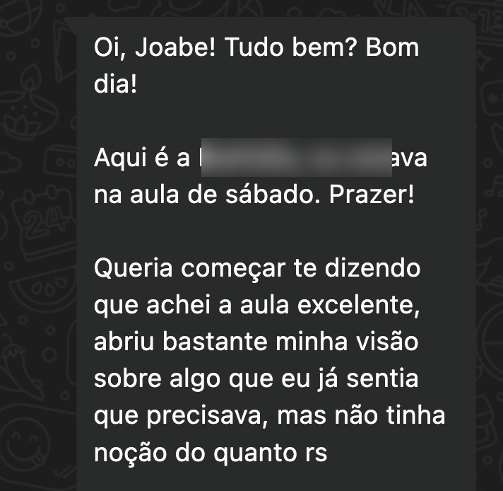 Print de feedback de aluna, profissional de marketing do BTG Pactual